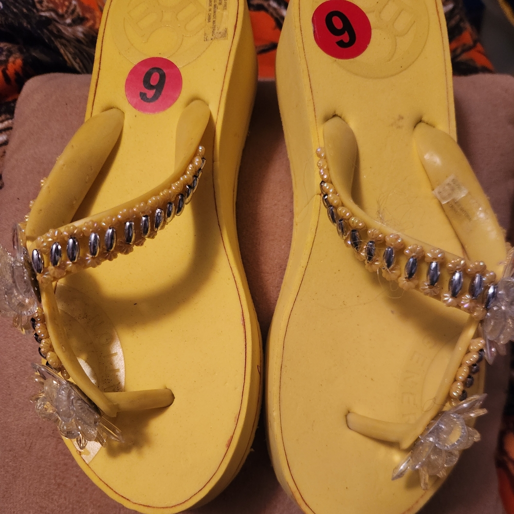 BCBGeneration Yellow Jeweled Flip Flop Sandals